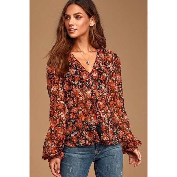 Lulus She’s The Sweetest Sheer Black Floral V-Neck Blouse Balloon Long Sleeve - Picture 1 of 15